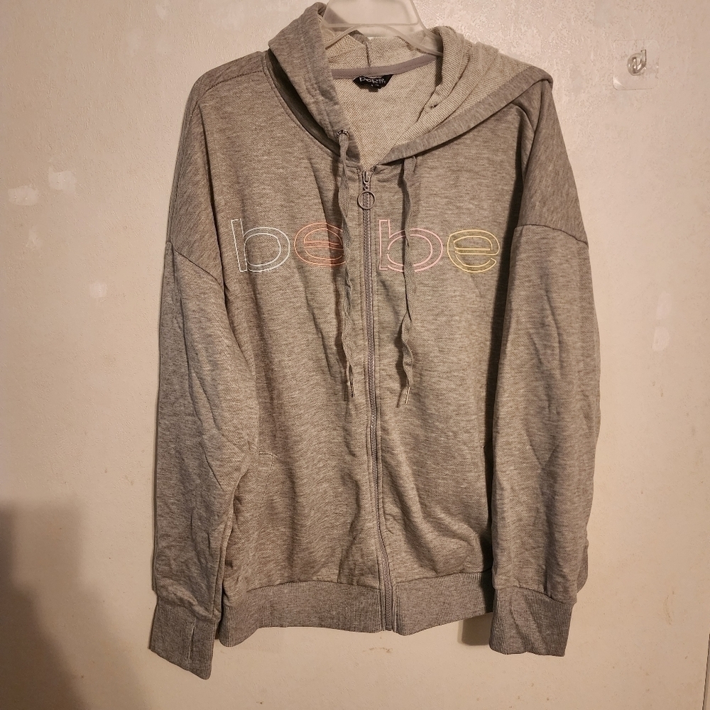 Bebe Sport Gray Multicolor Logo Full Zip Hooded Jacket Sz 3X NWT